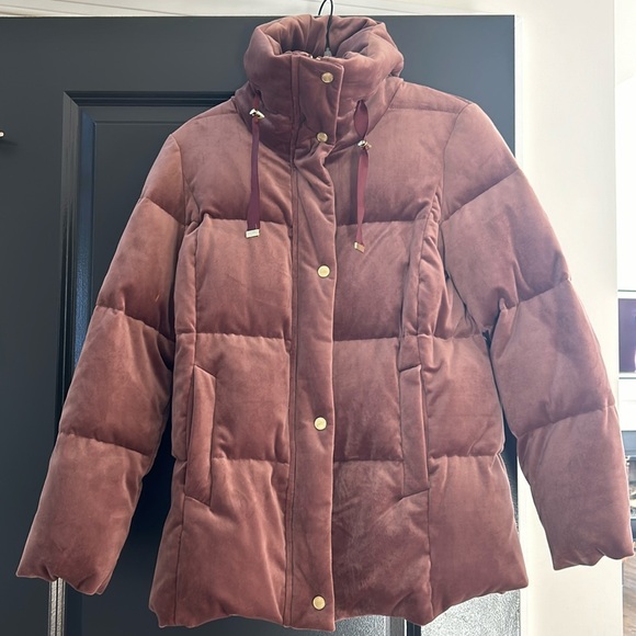 Cole Haan down velvet puffer coat XS NWOT.  Very warm, beautiful mauve velvet. - Picture 1 of 4